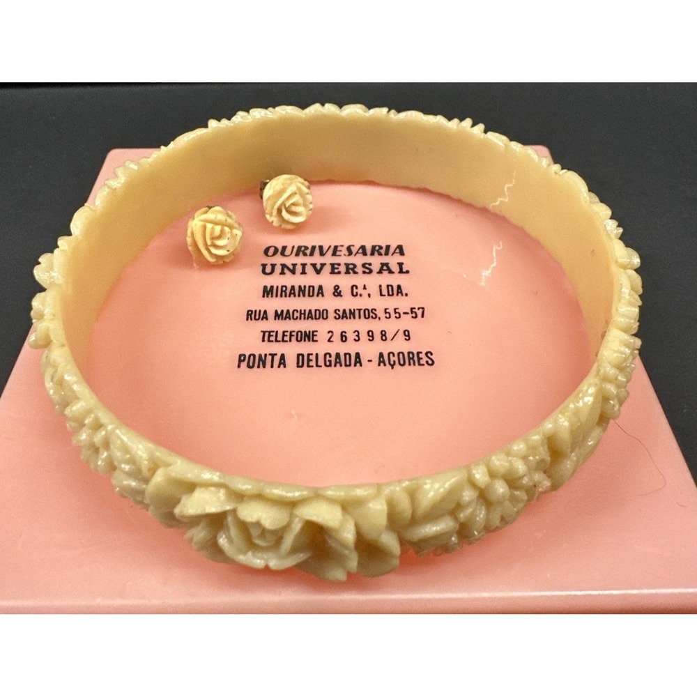 VTG Small Carved Celluloid Floral Bracelet Earring Set Flower Bangle Rose Acores